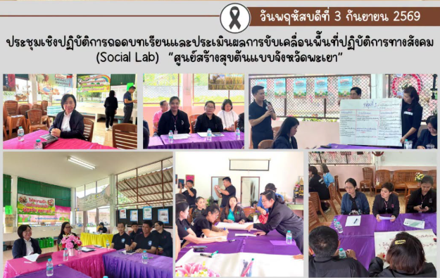 ประชุมเชิงปฏิบัติการถอดบทเรียนและประเมินผลการขับเคลื่อนพื้นที่ปฏิบัติการทางสังคม (Social Lab) “ศูนย์สร้างสุขต้นแบบจังหวัดพะเยา”